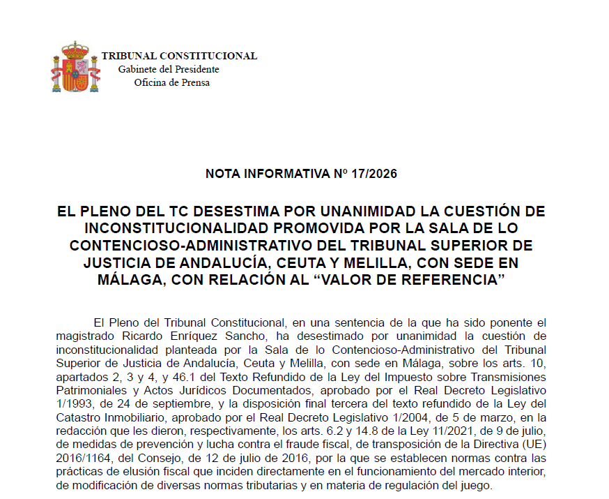 Nota de prensa | El TC desestima por unanimidad la cuestión de inconstitucionalidad promovida por la Sala de lo Contencioso-Administrativo del Tribunal Superior de Justicia de Andalucía, Ceuta y Melilla con relación al "valor de referencia" tribunalconstitucional.es/NotasDePrensaD…