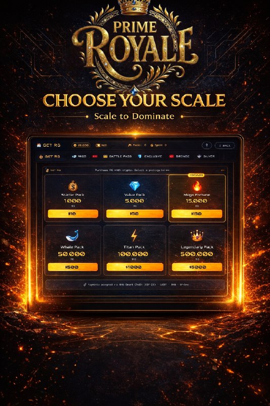 Every empire scales differently.

Starter. Value. Mega. Whale.

PRIME Royale isn’t pay to win.

It’s scale to dominate. 🔥👑

Choose your pace. Build your kingdom.