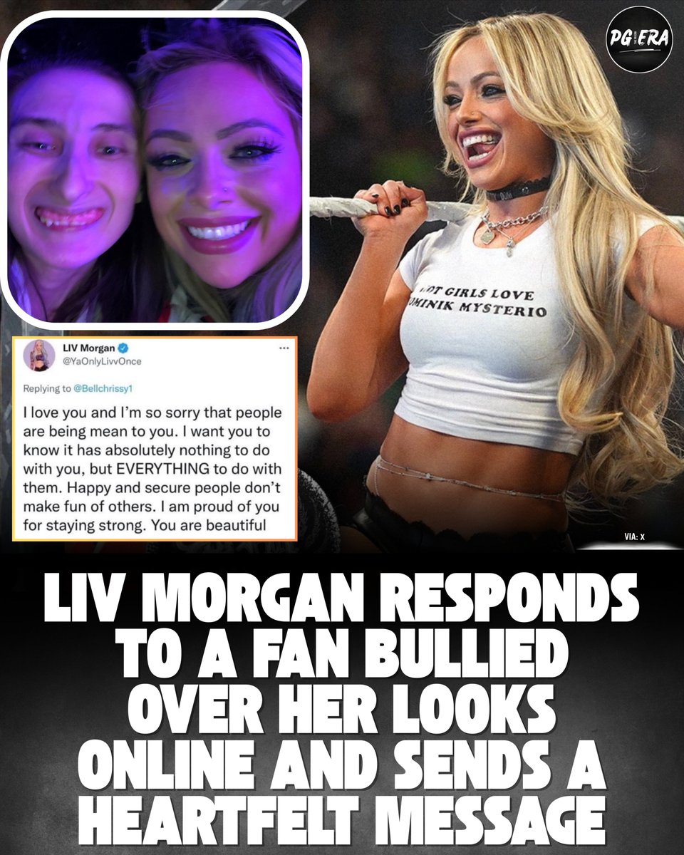 thepgeraa's tweet photo. A few years ago a WWE fan @Bellchrissy1 was being bullied online about her teeth and gums in a photo with Liv, and Liv Morgan stepped in to defend her and shared a heartfelt reply. 

She truly is a beautiful human being for this ❤️ https://t.co/nEOF93h2c9