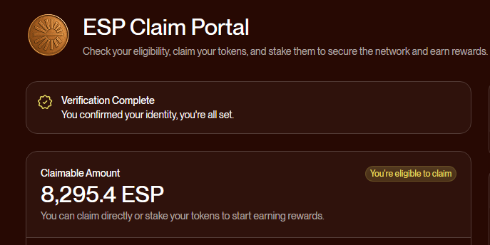 eligible for 8,295.4 $ESP
1 composable long term holder since Jun 03, 2025
 + caldera holders
 + crosschain active
 + nodeops user
  +poap 
  +skate $rari on <a href="/tallyxyz/">Tally</a>