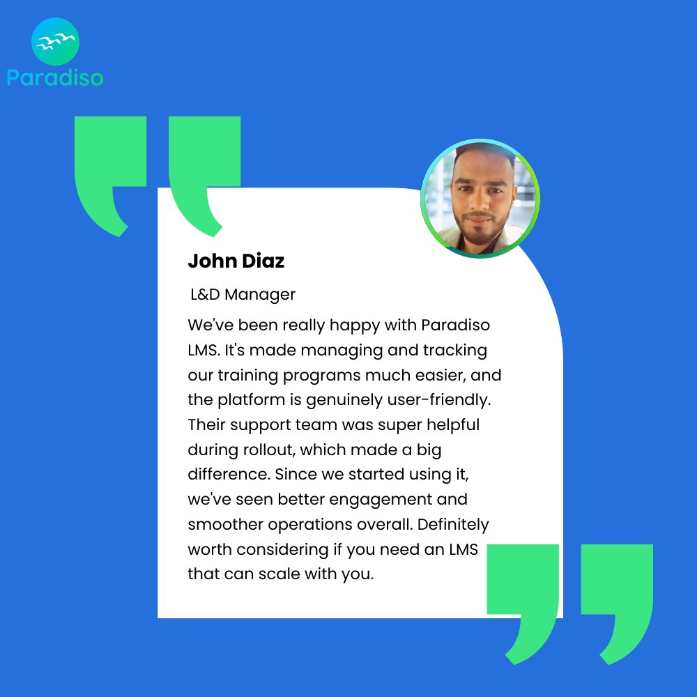Thank you for the amazing feedback — we’re truly grateful for your trust in Paradiso LMS! 🙌
The Paradiso Team is proud to support your growth with a scalable, user-friendly LMS built to drive real impact.

#LMS #Clienttestimonial