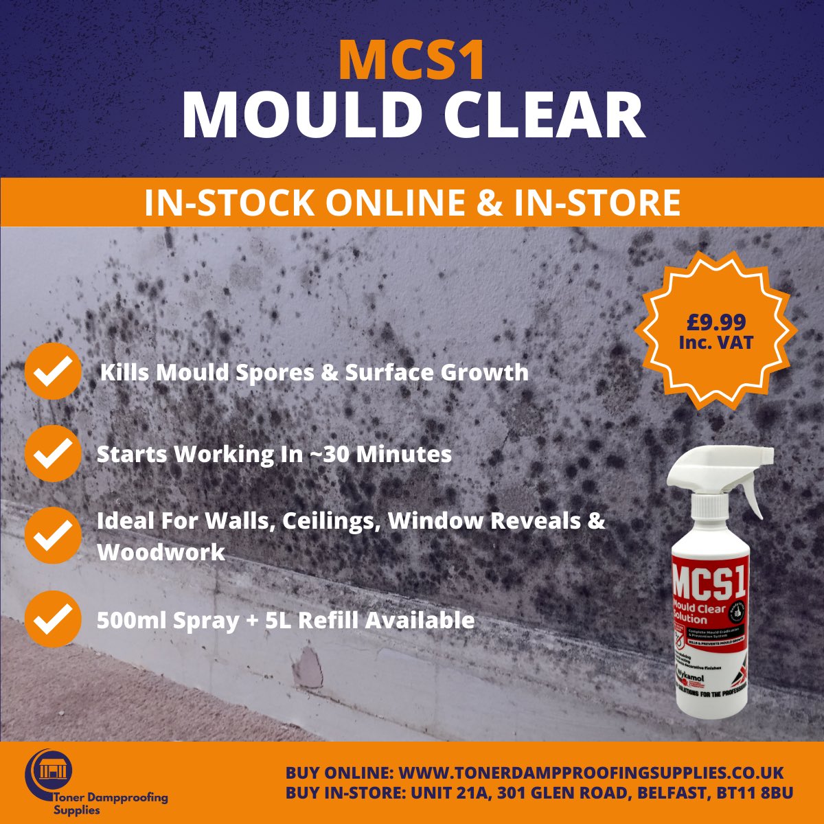 Mould showing up on walls, ceilings or around windows? ✅

MCS1 Mould Clear is a ready-to-use wash &amp; sterilisation spray designed to kill mould spores and surface growths on common household surfaces.