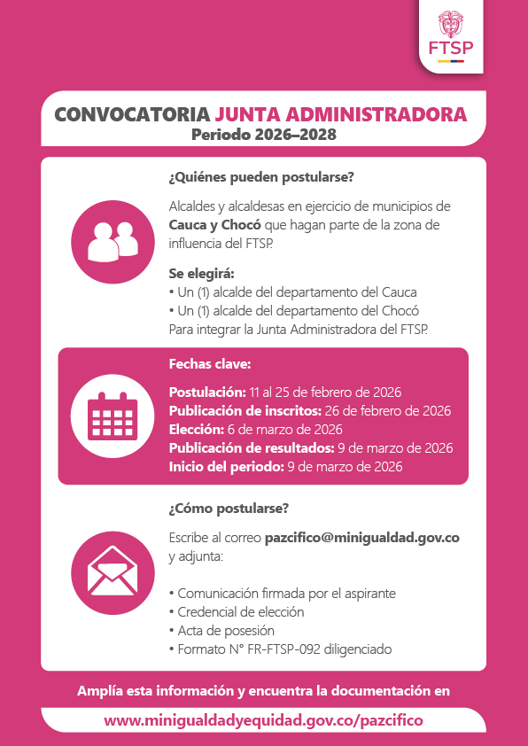 📢 Alcaldes y alcaldesas del #Cauca y #Chocó, está abierta la #convocatoria para integrar la Junta Administradora del Fondo #TodosSomosPazcífico en el periodo 2026–2028. Esta es la instancia donde se toman decisiones estratégicas sobre la inversión en agua potable, saneamiento