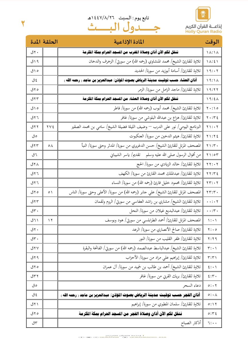 جدول تلاوات وبرامج
#إذاعة_القرآن_الكريم
ليوم #السبت 1447/8/26

رابط البث المباشر 👇🏻
radioplus.sba.sa/ar/live/4