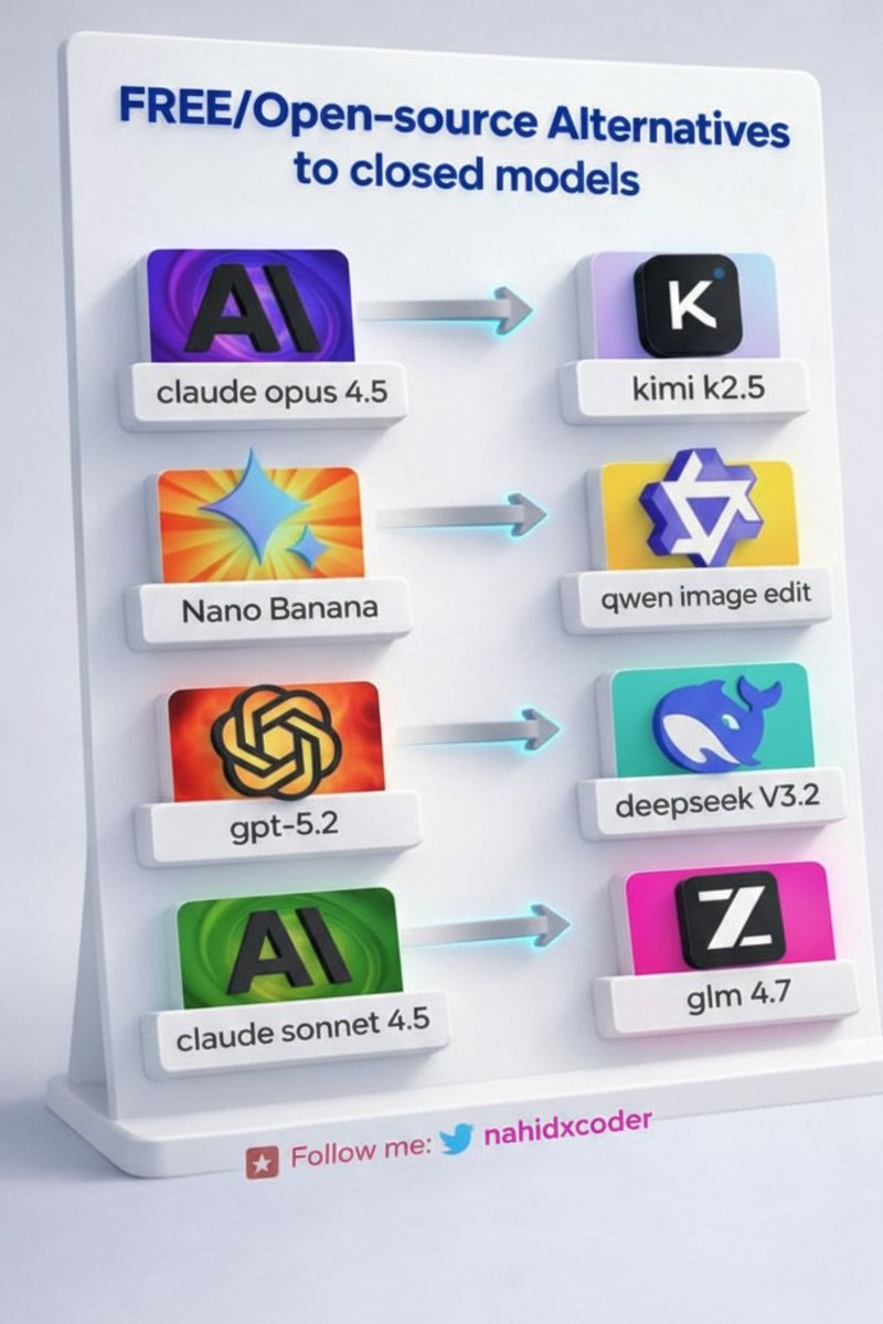 nahidxcoder's tweet image. Closed Al isn't the only future.

Open &amp;amp; FREE models are catching up FAST🔥

Look at the shift👇

Claude Opus → Kimi K2.5

Nano Banana → Qwen Image Edit

GPT-5.2 → DeepSeek V3.2

Claude Sonnet →

GLM 4.7

Open-source is no longer a side project -it's REAL competition.🔥