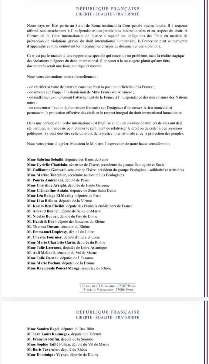 aureldevernoix's tweet photo. Au lendemain de l’appel de @jnbarrot à la démission de @FranceskAlbs les parlementaires des groupes écologistes @EELV demandent au MAE de renoncer à cette décision, basée selon eux sur de fausses informations et alignant la France sur la politique de D. Trump @RFI https://t.co/1V7ROvnYUv