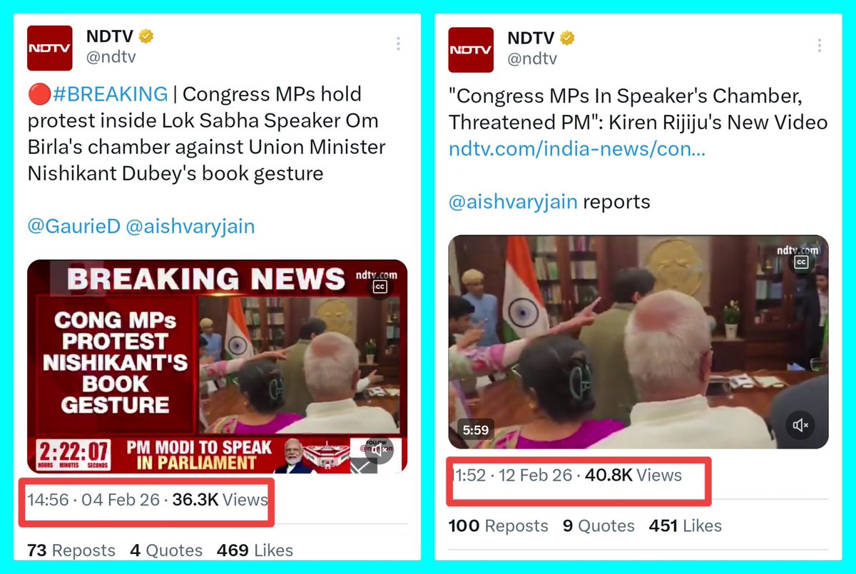 <a href="/ndtv/">NDTV</a> <a href="/aishvaryjain/">AISHVARYA JAIN</a> Kiren Rijiju's New Video?? 
Adani TV <a href="/ndtv/">NDTV</a> had themselves shared this same video on 4th February stating 'Congress MPs held protest inside LS Speaker's Chamber against UN Minister Nishikant Dubey's book gesture'. 
Now the same video is shared with the claim 'Congress MPs in the