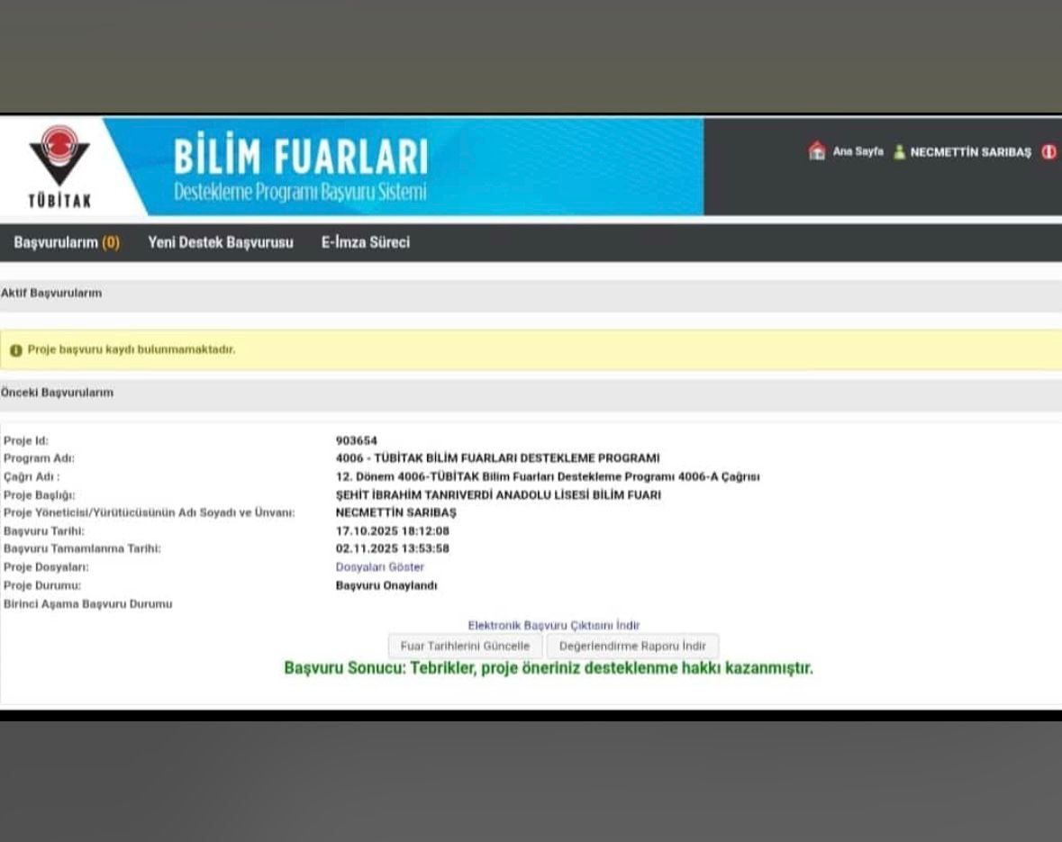 📌 TÜBİTAK 4006-A Gurur Paylaşımı

Toplam 20 projemizle üst  üste ikinci kez TÜBİTAK 4006-A Bilim Fuarları Destekleme Programı kapsamında desteklenmeye hak kazanmış bulunmaktayız.😊🏆❤️
<a href="/MalatyaMem/">MALATYA İL MİLLİ EĞİTİM MÜDÜRLÜĞÜ</a> 
<a href="/behcet_bakir/">behçet bakır 🇹🇷</a> 
<a href="/yesilyurtmem44/">Yeşilyurt İlçe Millî Eğitim Müdürlüğü / MALATYA</a> 
<a href="/canerguler44/">Caner Güler</a>