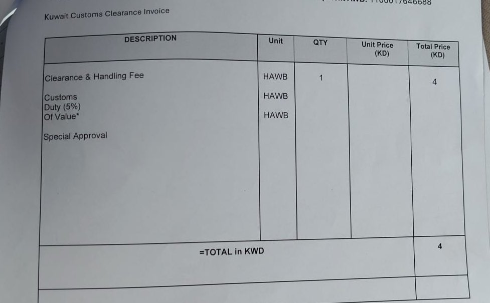 شريت قطعه من AliExpress 

سعرها ب ٤ دنانير ونص شامل رسوم الشحن 

اتصل علي اللي يوصلها 

قالي ادفع ٤ دنانير !

قلت له ليش 

قالي اجور تخليص !!!

وللعلم من قبل الرسوم هذي ما كانت موجودة !

رسوم أغلى من القطعه نفسها !!!

اي تخليص هذا اللي ياخذ ٤ دنانير !!!!!!

<a href="/customsgovkw/">جمارك الكويت</a>