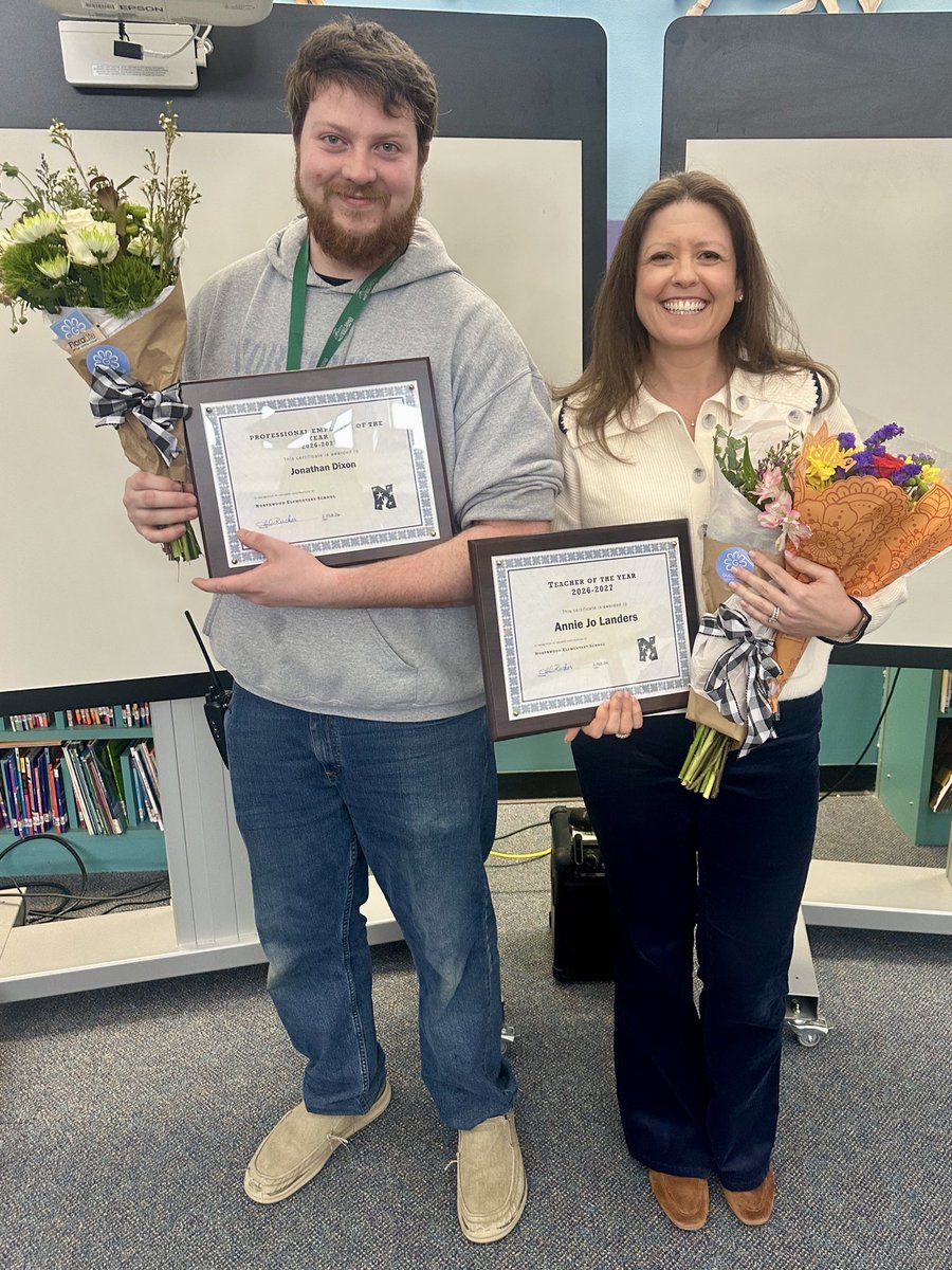 NWES_Principal's tweet photo. Northwood is excited to celebrate our Teacher of the Year, Annie Jo Landers (kindergarten) and our Professional of the Year, Jonathan Dixon (AU paraprofessional) Congratulations!! 🎉🍎💙❤️ https://t.co/qJ1Pu6wsUU