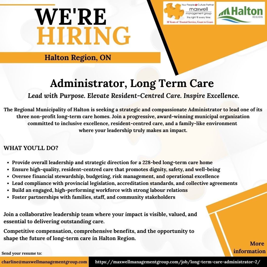 Big decisions. Real impact. Lasting legacy.

If you’re a values-driven leader ready to shape the future of long-term care and build a culture where residents and teams truly thrive, this could be your next chapter.

Halton Region, ON

<a href="/cityoftoronto/">City of Toronto 🇨🇦</a> <a href="/townofoakville/">Town of Oakville</a> 

#OntarioJobs