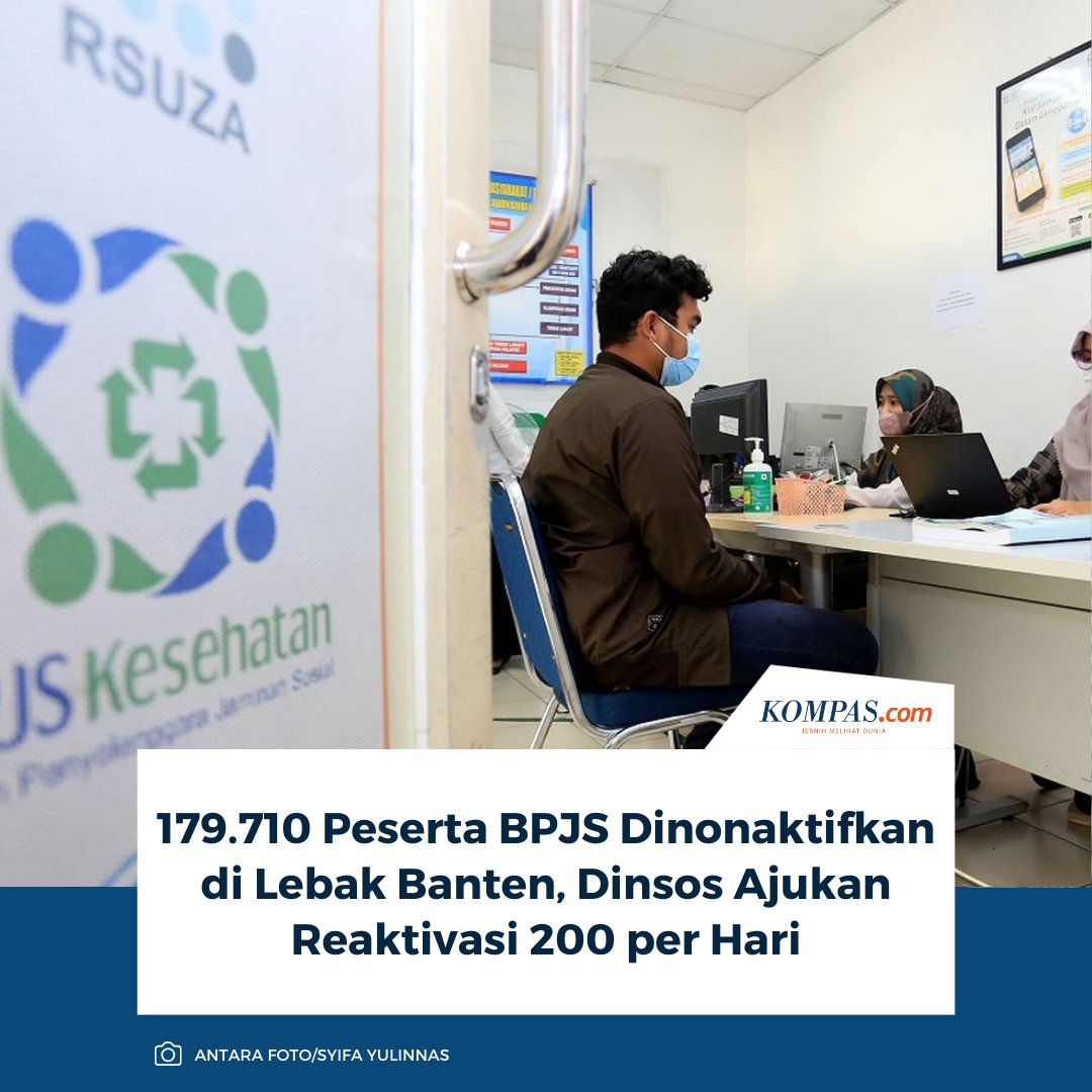 kompascom's tweet photo. “Untuk rekomendasi reaktivasi ke Kemensos, saya tanda tangan sendiri. Sehari bisa 100 sampai 200 permohonan,” ujar Plt Kepala Dinas Sosial (Dinsos) Kabupaten Lebak, Lela Gifty Cleria

Baca selengkapnya: https://t.co/sqwgh5VYIj.

~SN #BPJSKesehatan #PBIJK #Kemensos #emensos https://t.co/ukW2oTJtWR
