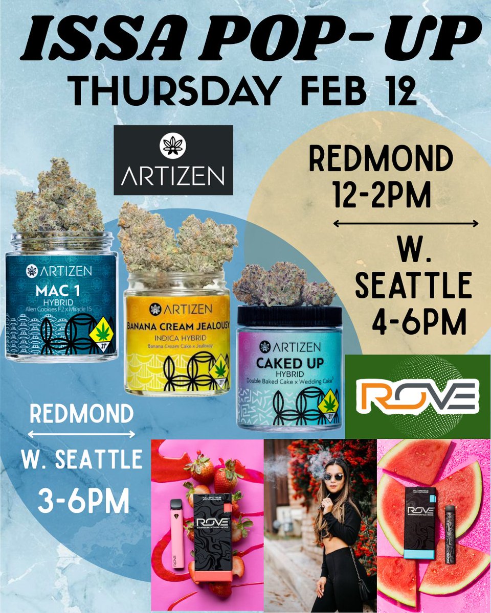 Today’s lineup: Artizen 🔥 + Rove 💨
Come hang, ask questions, and find a new favorite. <a href="/artizencannabis/">Artizen</a> <a href="/rovebrand/">ROVE</a> #SeattleCannabis #WAweed #MeetTheGrower #VendorPopUp #SeattleEvents #PNWcannabis
