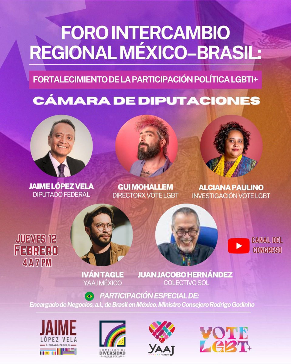 🌈🌎Desde la <a href="/Mx_Diputados/">H. Cámara de Diputados</a> impulsamos el diálogo internacional por la igualdad: Foro México–Brasil sobre participación política LGBTI+.

🗓 Hoy | 4–7 pm
📍 Cámara de Diputados | 📺 Canal del Congreso.

Regístrate 👉 docs.google.com/forms/d/e/1FAI……