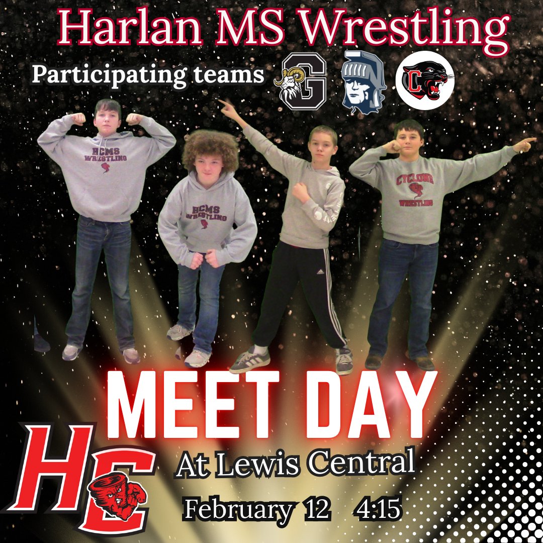 Our MS Boys Wrestling team is set for their last meet of the year. 
They will travel to Lewis Central with start time 4:15.
Good Luck Boys and Go Cyclones!🌪️