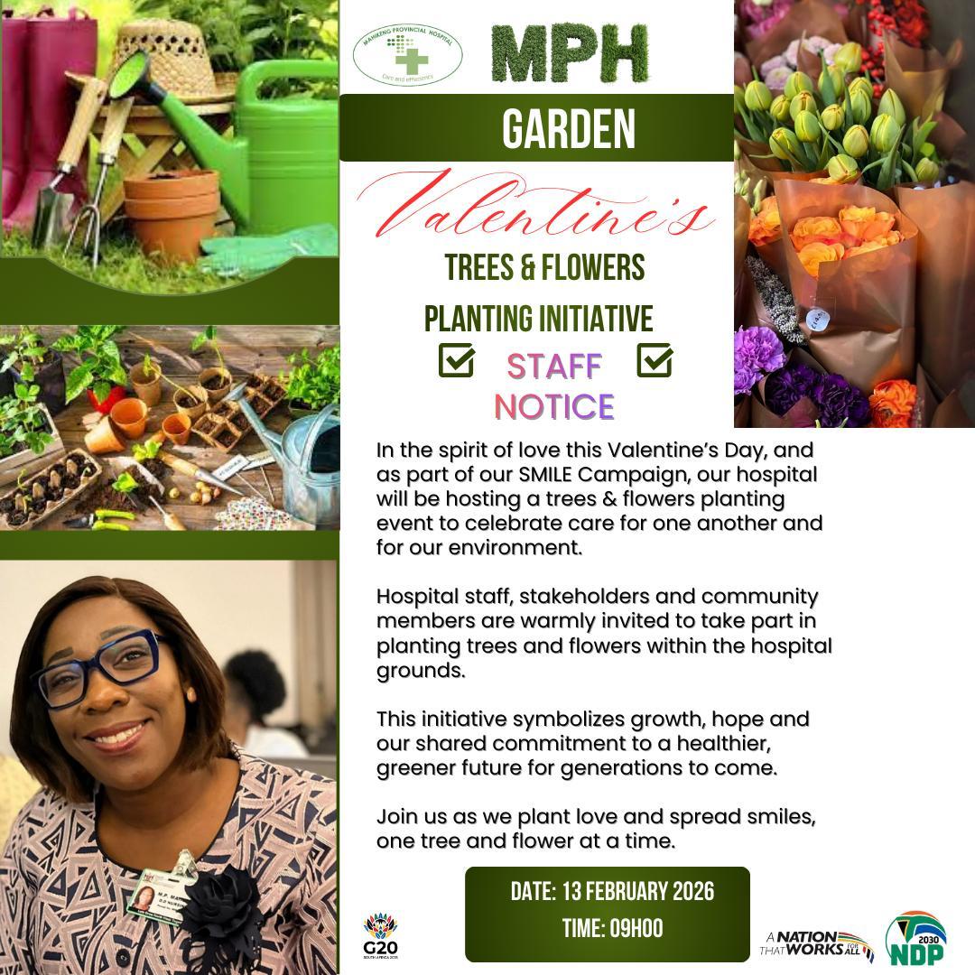 Lenaane la go jala Ditlhare le Ditšheshe ka tshwaragano le Mahikeng Provincial Hospital ,e itsagaleng jaaka Bophelong🌳🌴

🗓13 FEBRUARY 2026
🕜9H00

#ReNeelaBophelongBophelo
#NORTHWESTIMES 
#PEOPLEMUSTKNOW