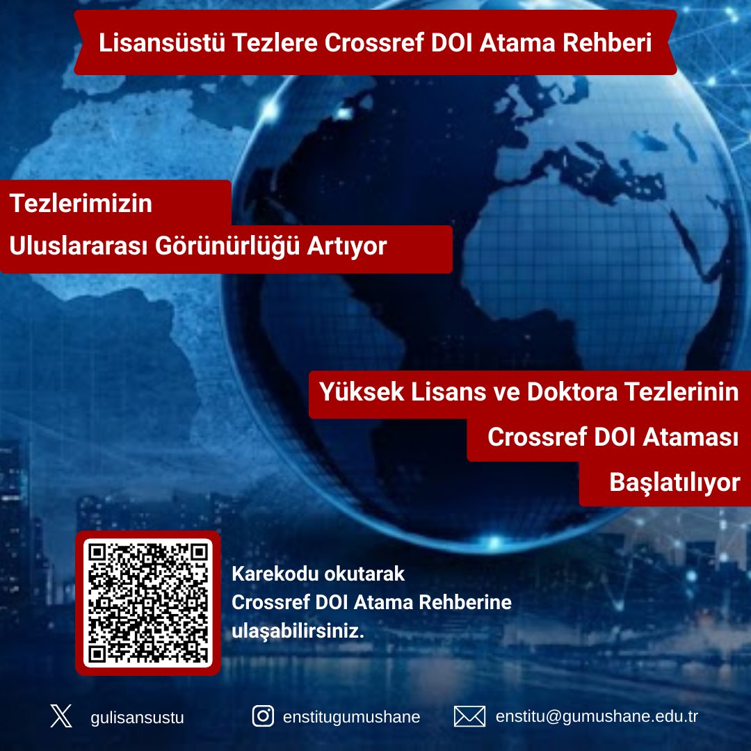 gulisansustu's tweet photo. “ Lisansüstü Tezlere Crossref DOI Atama Rehberi ” uygulaması başlatılıyor.
Detaylara ve rehbere ulaşmak için bağlantıya tıklayabilirsiniz.
https://t.co/cM5UswNLon https://t.co/ad54bhQznP