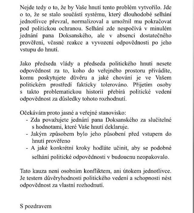 Pane <a href="/AndrejBabis/">Andrej Babiš</a>,
zveřejnila jsem otevřený dopis ke kauze Doksanský. Fakta jsou vážná a odpovědi stále chybí. Mlčení nestačí. Veřejnost má právo vědět, jakou roli jste v celé věci sehrál a kdo za ni nese odpovědnost. Očekávám jasné stanovisko.