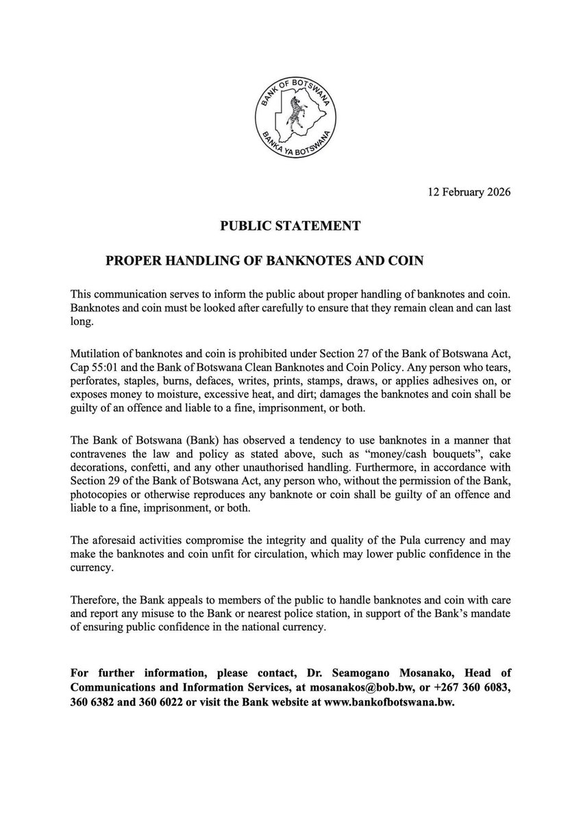 lelethubb's tweet image. 🚨 PUBLIC NOTICE:
The Bank of Botswana warns that “money bouquets” and other decorative uses of cash contravene the Bank of Botswana Act.
Mutilating or defacing banknotes is illegal and punishable by law.