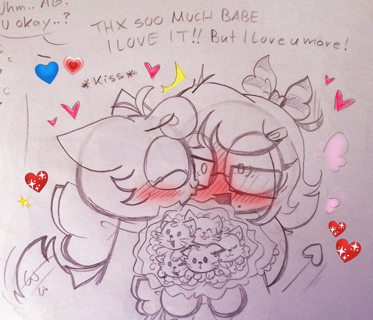Sooo for Valentine's Day I made somethin with my gurls>:33🥹🩷💙💘✨//yup they have pets now ((somehow idk lolXD))

Hope enjoy like it^^#Sprunki #sprunkioc #sprunkiship