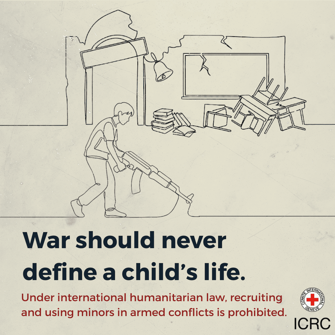 ICRC's tweet photo. For some children living in areas affected by armed conflict, war is not just about losing their childhood, but also about being used and/or recruited by armed actors. 

These minors are victims.

They deserve protection, care, and sustained support to heal.

#RedHandDay https://t.co/zwIuuTqOY1