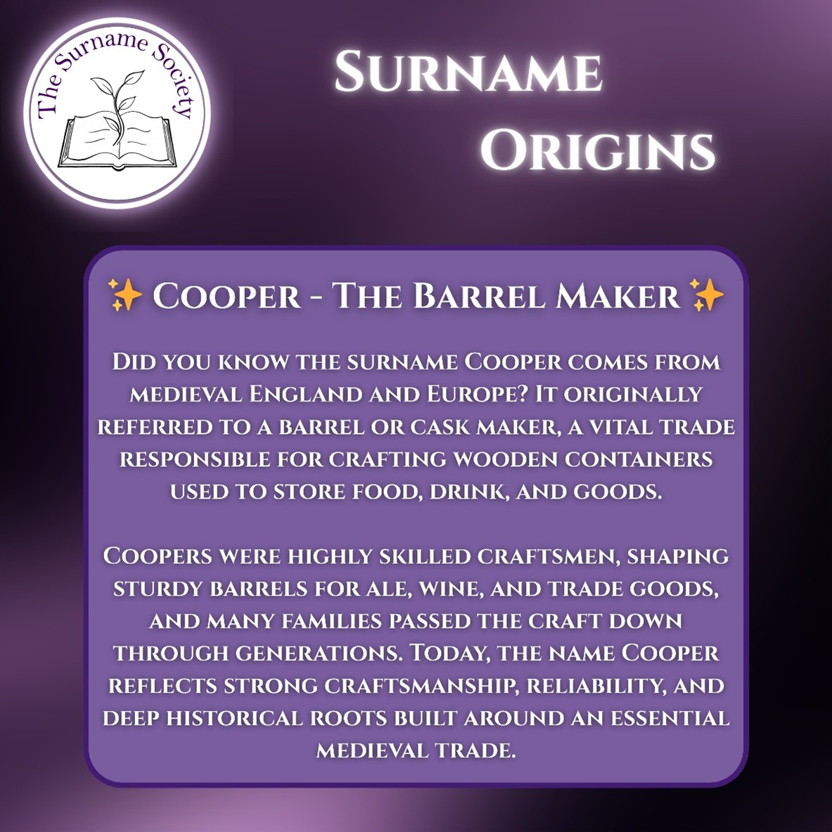 surnamesoc's tweet photo. Cooper was an occupational surname for skilled craftsmen who made barrels and casks. Essential for storing food, and trade goods. These artisans shaped daily life and commerce for centuries.

 Start exploring your roots with The Surname Society today.

#surnamesociety #cooper https://t.co/ga7XkdcZ4y