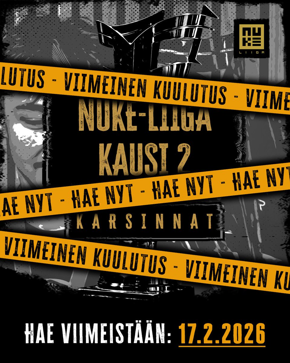 Sun organisaatio mukaan NUKE-Liigaan? 🤔

Vielä muutama päivä aikaa hakea mukaan 2. kauden karsintoihin - haku päättyy tiistaina 17.2. klo 23:59 📝 

Hakulomake &amp; lisätiedot: forms.gle/yjrtmXXfVp5DyB…

#NUKETTAA #esportsfi