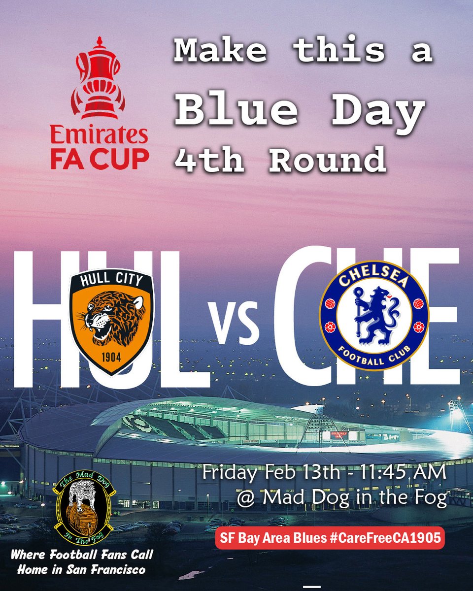 SFBayAreaBlues's tweet photo. Chelsea Chelsea, Chelsea Chelsea We're gonna make this a Blue Day.
⚽️- Kick-off: 11:45 AM
📍 - Where: Mad Dog in the Fog
👨👦- All Ages Welcome
Make it an early lunch #ChelseavsHullCity #BlueistheColour #CHEHUL #ChelseaFC #ChelseaInAmerica #maddoginthefogsf #CareFreeCA1905 https://t.co/y1MJ19QzeR