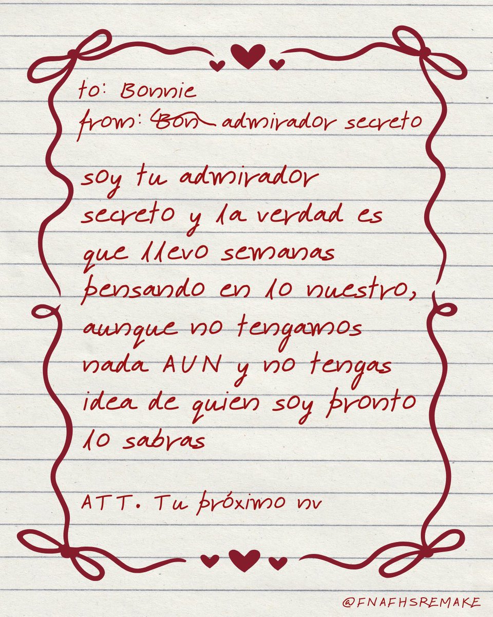 FHSRemake2026's tweet photo. Recibimos esta pequeña carta de parte de un “admirador secreto” para el mejor guitarrista de la HS, nuestro querido, Bonnie! ¿pueden adivinar de quién se trata este misterioso, admirador secreto?

#FHSRewrite #FNAF #fhstwt #FHS10AÑOS #fnafhs https://t.co/hp3NPaGXn0