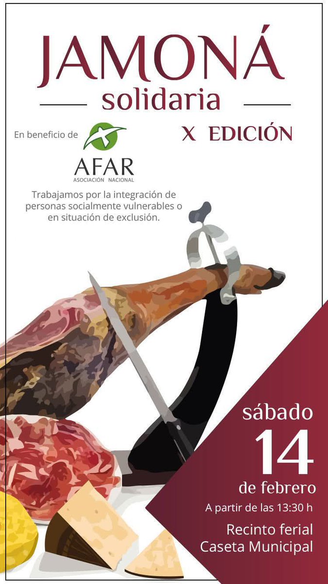 psantiagoalcala's tweet image. 𝐉𝐚𝐦𝐨𝐧𝐚́ 𝐀𝐅𝐀𝐑 | El próximo sábado tendrá lugar la X edición  de la Jamoná a beneficio de AFAR.