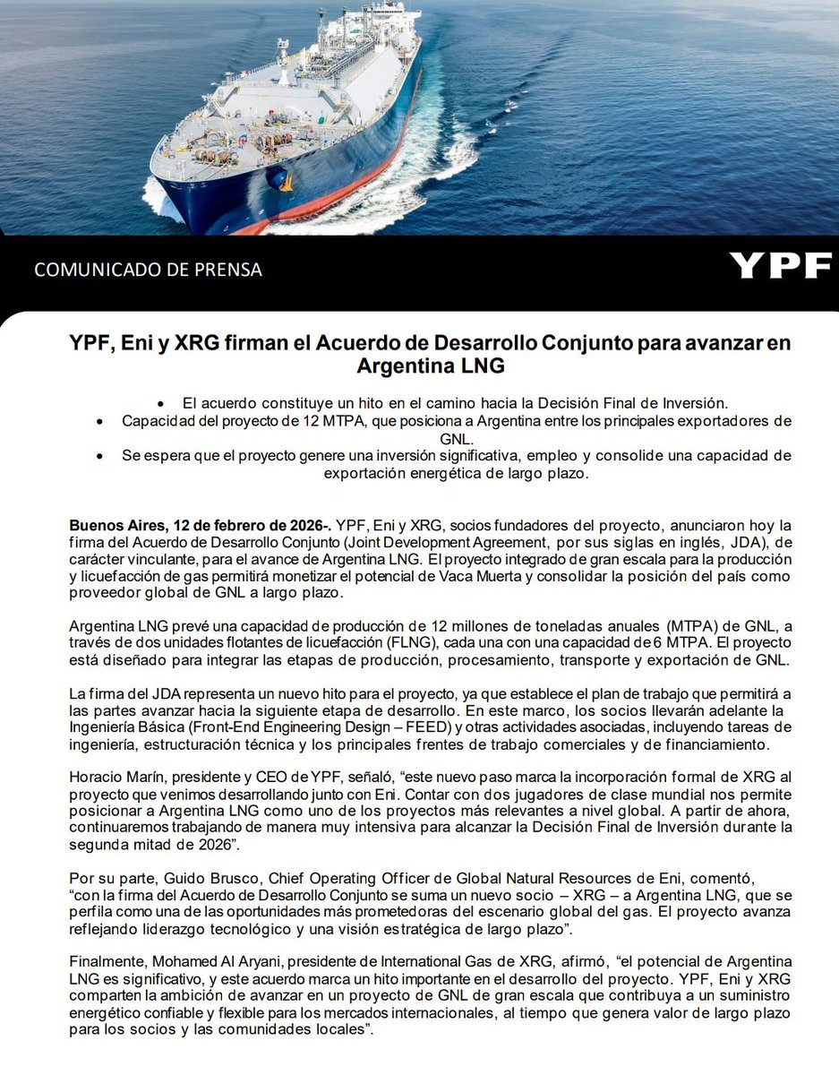 Atención! Muy importante! Se suman los Emiratos Árabes al proyecto Argentina LNG que ya confirmaban <a href="/YPFoficial/">ypfoficial</a> y los italianos de <a href="/eni/">eni</a>. Es, quizá, el capítulo más importante del año para Vaca Muerta!