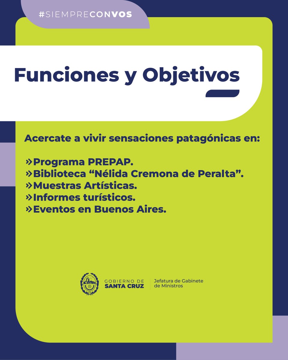El Departamento de Turismo y Cultura 🎭 trabaja de manera colaborativa para promover el desarrollo cultural y turístico 🏞️ de nuestra provincia. 

🔹 Conocé más sobre los servicios y oportunidades que Santa Cruz tiene para ofrecer.