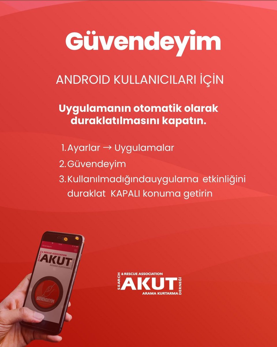 1️⃣
📱 Güvendeyim Uygulaması Hayat Kurtarır!

​Afet anında internet olmasa bile SMS ile sevdiklerinize konumunuzu bildiren Güvendeyim uygulamasının silinmemesi için şu ayarları hemen yapın;