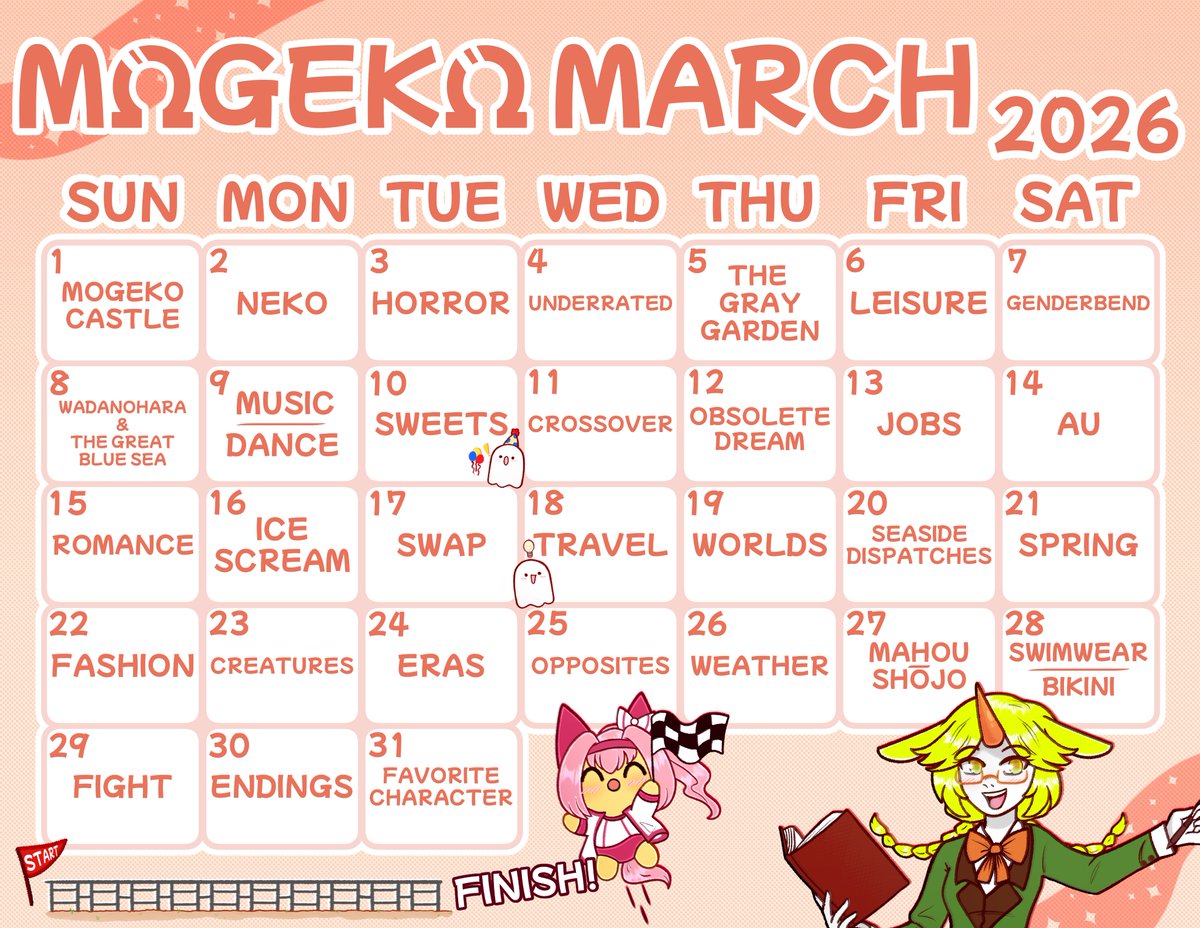 It's finally here! The moment you've all been waiting for! 

Behold the Mogeko March 2026 calendar, provided by the talented and wonderful <a href="/_aVeisure/">Roman 🦇 ON BSKY 🦋</a>! 🥳👻

See 🧵 below for blog, templates, and further details. 👇

#okegomevents #mogekomarch26 #funamusea #okegom #海底囚人
