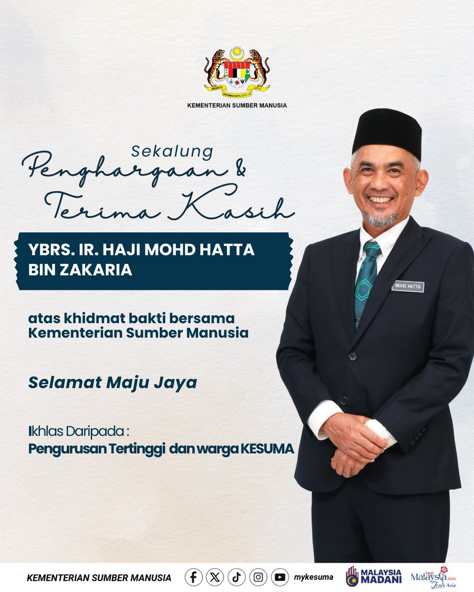 Sekalung penghargaan dan terima kasih kepada YBrs. Ir. Haji Mohd Hatta bin Zakaria atas segala khidmat bakti dan sumbangan sepanjang bersama KESUMA.

Selamat maju jaya dan semoga terus cemerlang dalam setiap amanah yang dipikul.

Ikhlas daripada warga KESUMA.

#KESUMA