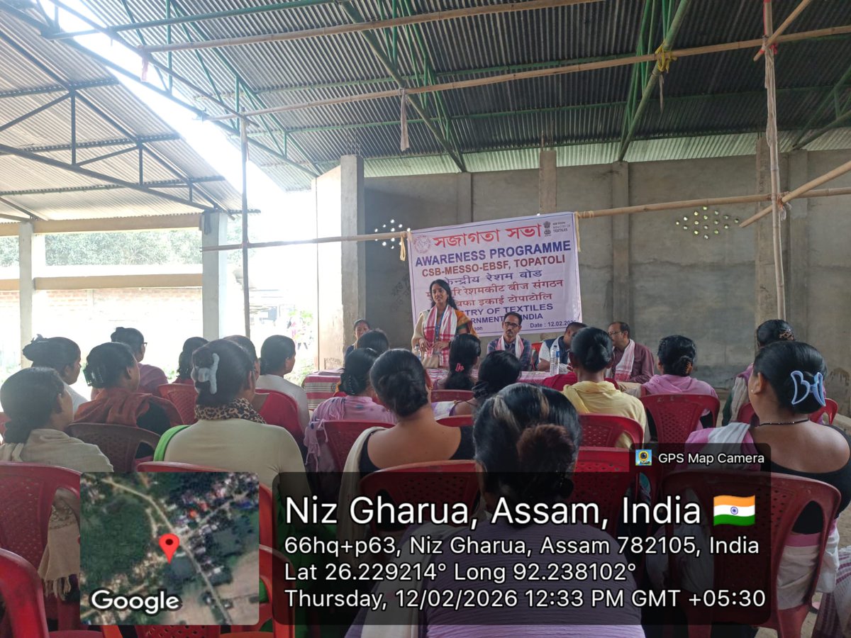 MssoSilk's tweet photo. Awareness Programme – Eri Culture
On 12.02.2026, CSB–MESSO, EBSF Topatoli organized an awareness programme at Ghogua Gaon, Morigaon. New Eri rearers participated enthusiastically and had an interactive session with the Scientist and technical team, gaining insights into scientific rearing practices and improved crop management.
@EBSFCSB2020 @LalithaNM2010 @IfsSivakumar @csbmot @TexMinIndia @PIBTextiles