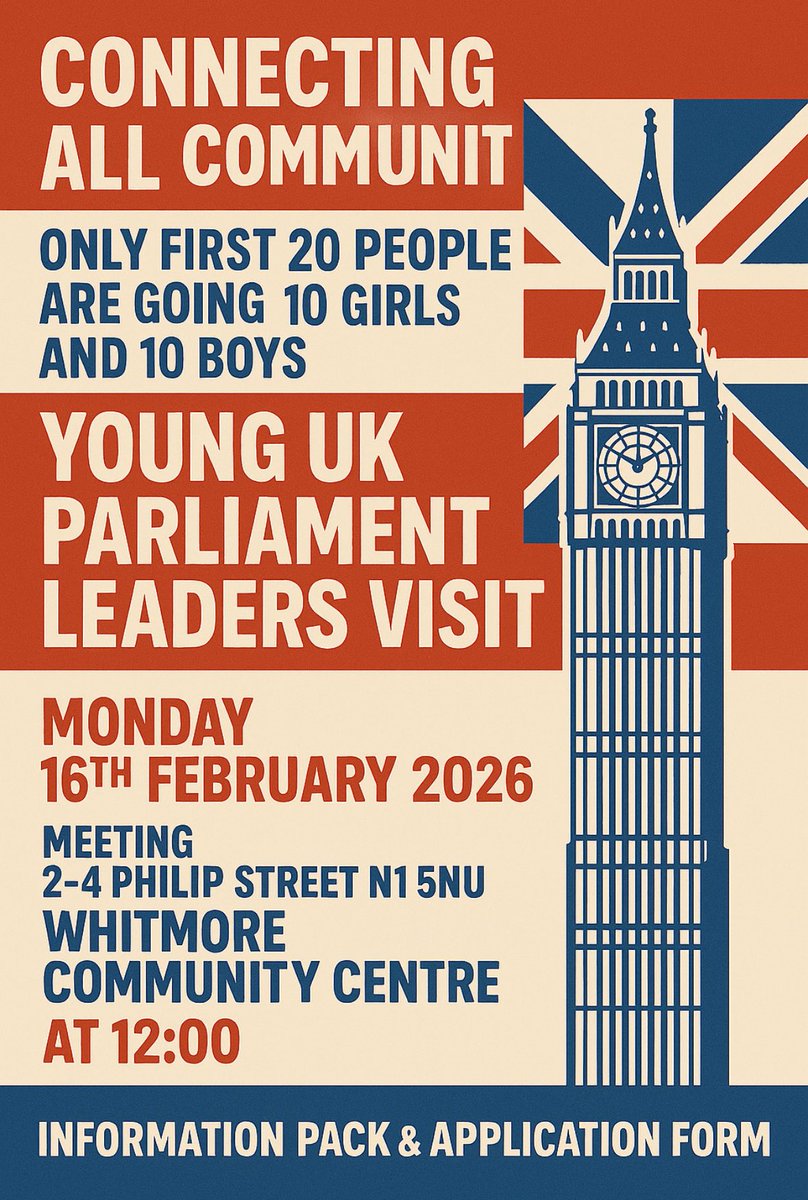 connectingcomm3's tweet photo. Hackney to meet, learn from, and engage directly with UK Parliament Leaders. This visit will inspire future leaders, strengthen youth voice, and open doors to national participation.

We’re excited to welcome the UK’s next generation Leaders from Hackney. This is a unique chance for young people to explore leadership, youth voice, and real pathways into decision making and future political participation 

Application Form are now ready for anyone who wants to take part only 20 young people first come first serve 
Let’s empower the next generation of leaders.

https://t.co/vA4jKkNzGP