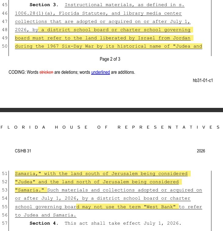 This new bill out of Florida labels the West Bank as “the land liberated by Israel from Jordan in the 1967 Six-Day War.”

But notice the careful language used. At no point do they claim that the West Bank is actually part of Israel…. Because doing so would mean having to