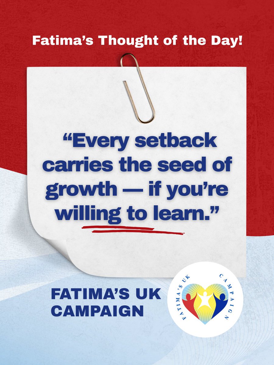 FatimaWh1tbread's tweet image. Fatima’s Thought of the Day: 
“Every setback carries the seed of growth — if you’re willing to learn.”

Today’s Thought:
Challenges invite reflection. When lessons are embraced, setbacks become stepping stones.

#FatimasUKCampaign #FatimaWhitbread #LearningFromLife
