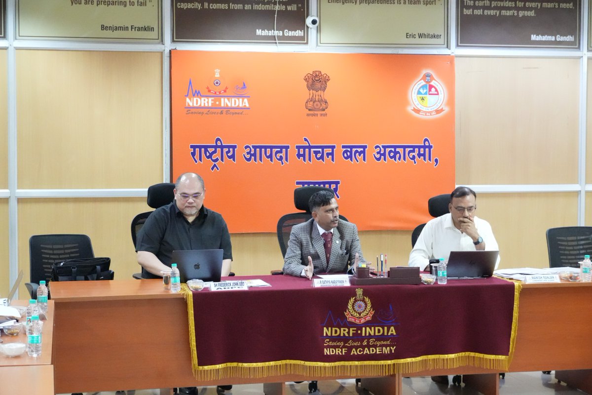 Technical sessions at #NDRFAcademy are underway to develop a robust training curriculum based on the new competency framework for: CBRN, CSSR &amp; FWR. Expert insights shared by Mr. Frederick John Abo from ADPC, Brig. R Sathya Narayan, Director NDRFA, Sh. Manish Ranjan, Comdt etc.