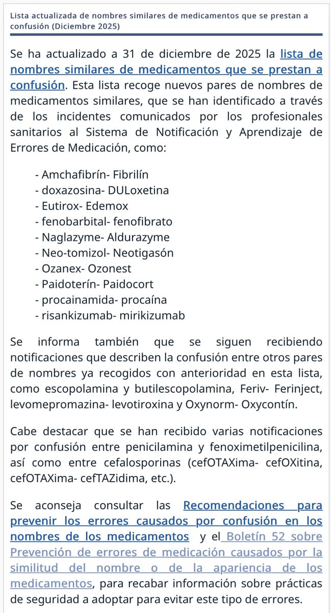 LISTA DE NOMBRES DE MEDICAMENTOS QUE SE 
PRESTAN A CONFUSIÓN
(Dic2️⃣0️⃣2️⃣5️⃣)

🔍Doxazosina↔️Duloxetina
🧐Eutirox🆚Edemox
👓Ozanex↔️Ozonest
👀Risankizumab🆚Mirikizumab
🥸…↔️…

🆕 ismp-espana.org/noticias/view/…
📋 ismp-espana.org/nombres/listad…
❗️ ismp-espana.org/ficheros/Recom…

#SegPac