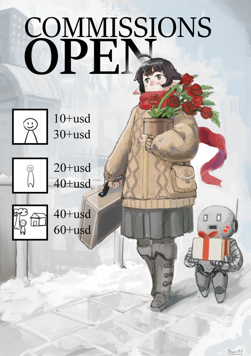 Commissions Open (❁´◡`❁)
                   Half Body    Full Body    Full Body+BG
Sketch          10+usd       20+usd          40+usd
Full Render   30+usd       40+usd          60+usd

contact DM