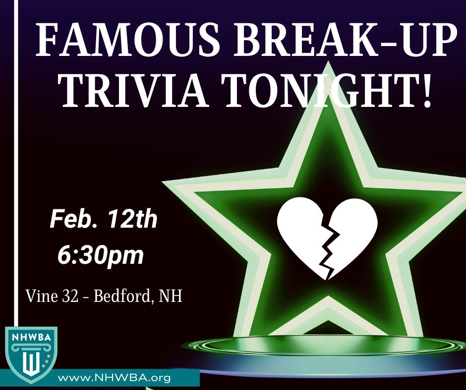 Real couples, fictional couples, band splits, and pop-culture chaos galore. If it broke the internet (or our hearts), it's up for grabs.

Trivia starts at 6:30 PM, but come join us early starting around 6:00 PM. Sign up today to secure your spot! nhwba.org/event-6518950