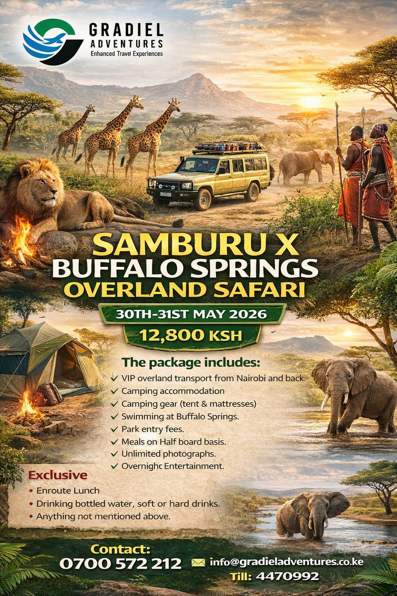 gradieltours's tweet photo. Samburu X Buffalo Springs Overland Safari – Adventure Awaits! 

📞 Book your safari today: 0700 572 212
📧 info@gradieladventures.co.ke
💳 Till Number: 4470992
#SamburuSafari #BuffaloSprings #KenyaSafari #OverlandSafari #CampingSafariKenya #AdventureTravelKenya #SafariDealsKenya https://t.co/4G0t7IxqX2