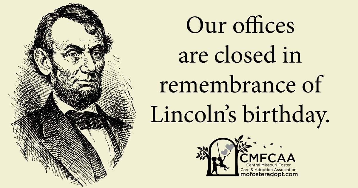 CMFCAA's tweet photo. Our offices will be closed today in honor of Lincoln’s birthday. We’ll be back and ready to see you all first thing tomorrow morning! If you need assistance you can call 573-298-0258.

We hope you have a wonderful, relaxing day! 

#CMFCAACares #HolidayNotice #LincolnsBirthday https://t.co/TLCVAnjuLe