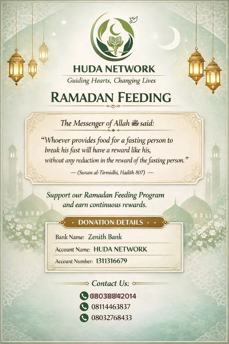 Huda_network's tweet photo. Feed a fasting soul. Huda Network will be providing Ramadan food to the less privileged during this blessed month. Join us in this Sadaqah. Donate fisabilillahi 1311316679
Huda Network
Zenith Bank. 
Contact 08038842014 for more information. Jazakumullahu khayr https://t.co/Aij57Ta9iC