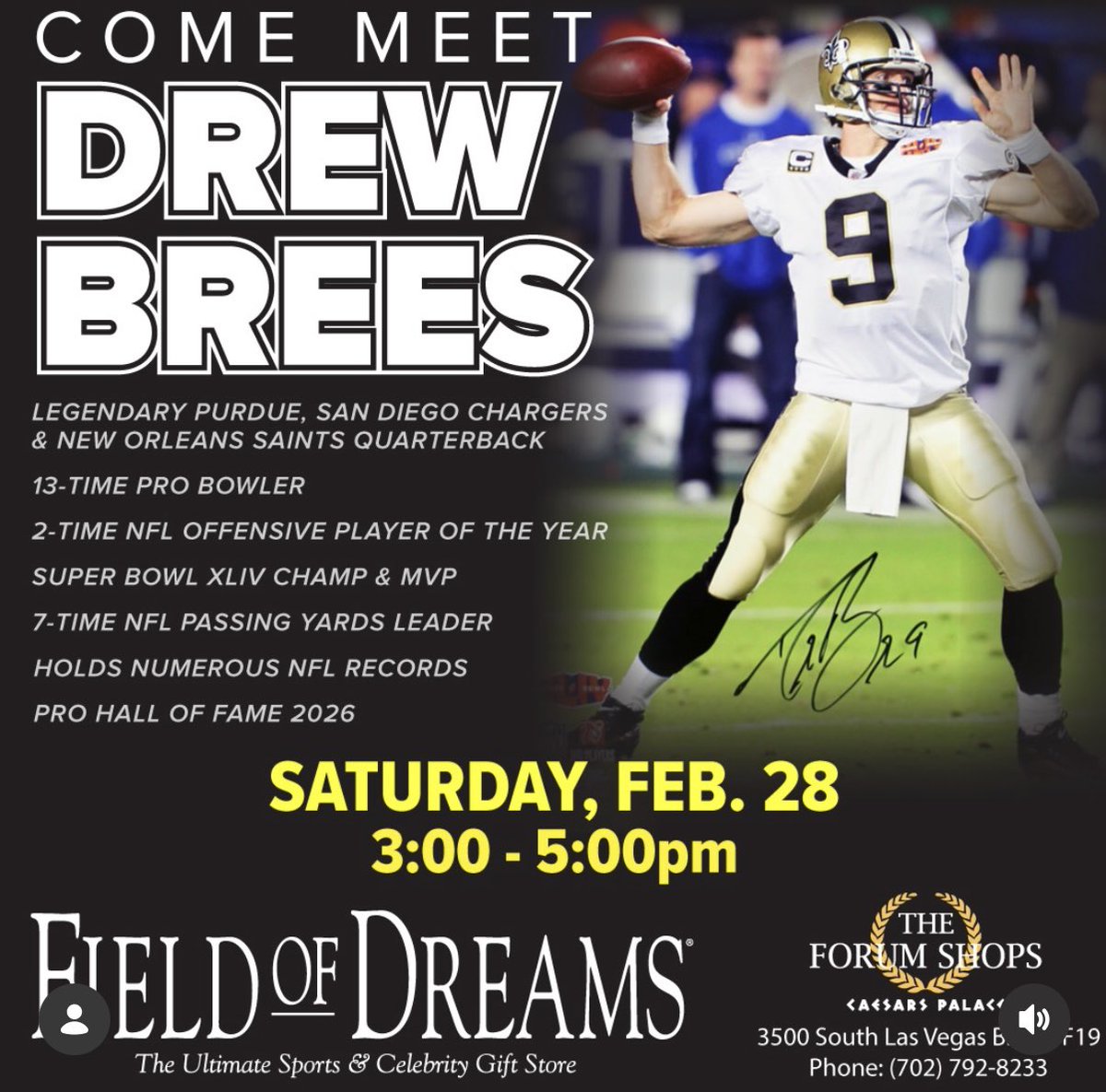 tsppres's tweet photo. newest HOFer Drew Brees is coming to Vegas on Saturday February 28th at Field of Dreams Forum Shops &amp; Venetian. Signing autographs and taking photos. 
If you can’t attend u can order an item or send in your own. Click link below for more info  
https://t.co/SIw4x9hjJ2 https://t.co/p7BabAvwrA