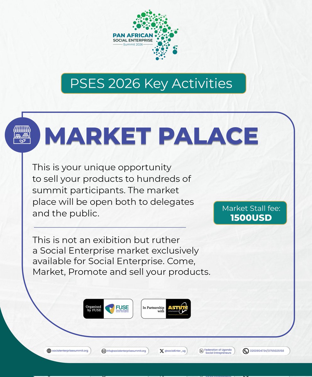 Sell your products or services to hundreds of summit participants and the public at the Pan-African Social Enterprise Summit (PSES) 2026, Social Enteprise Marketplace.
Learn more and get in touch with us
👉 socialenterprisesummit.org/about/
#PSES2026 #socialenterpriseuganda #africa