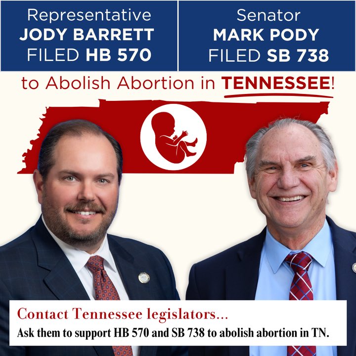 AbolitionistFAA's tweet photo. 🚨 BREAKING: Representative @JodyBarrett4TN and Senator Mark Pody have filed House Bill 570 and Senate Bill 738 to abolish abortion in Tennessee! https://t.co/YBFWNPifVD