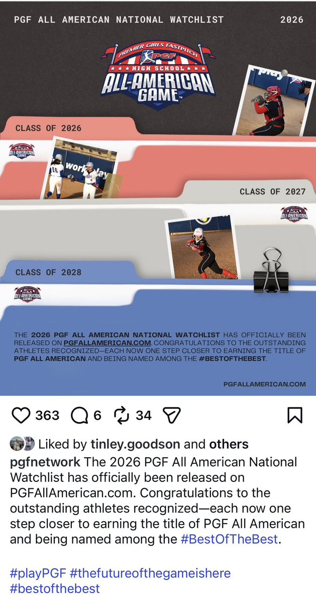 Tinley_Goodson's tweet image. Thank you PGF for recognizing me on your Sophomore 2028 watch list for the PGF All American game. I’m very honored to be listed with some of the best players in the country! @PGFnetwork @SoftbalAmerica @09Unity @UnityCoachJosh